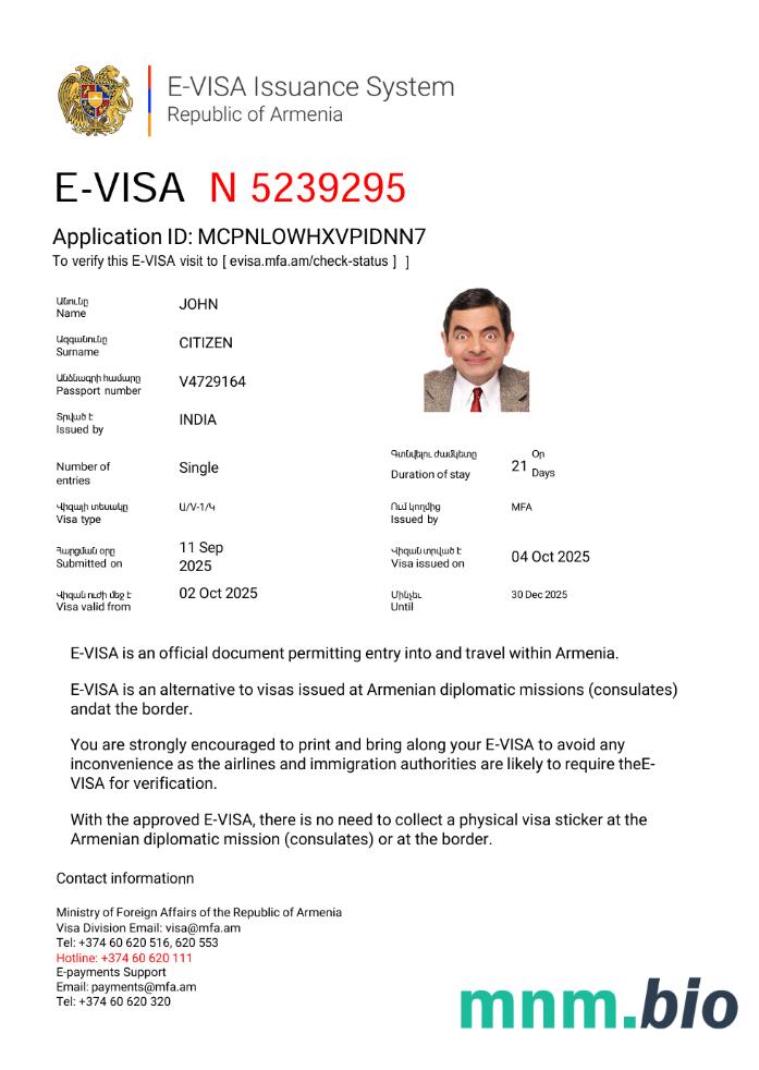 Szablon e-visa do Armenii ze wszystkimi czcionkami